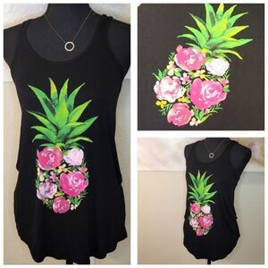 Pineapple Floral Black Tank Top Size Small